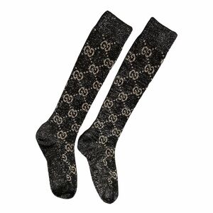 Gucci Black and Silver Logo Knee-High Socks